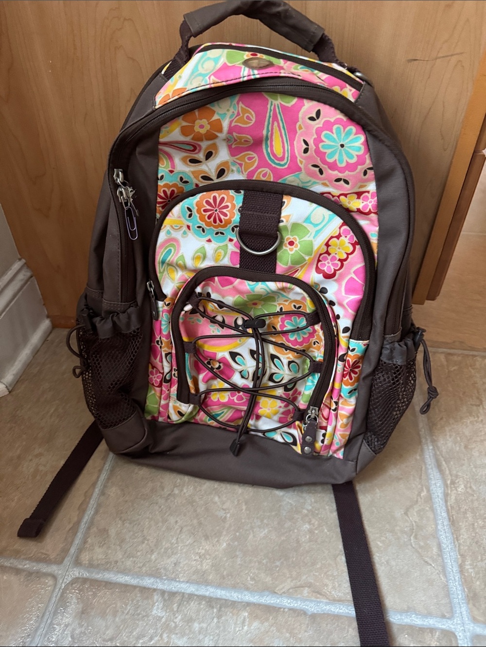 Pottery Barn Colorful Floral Brown Accent Backpack - Pink Multi
